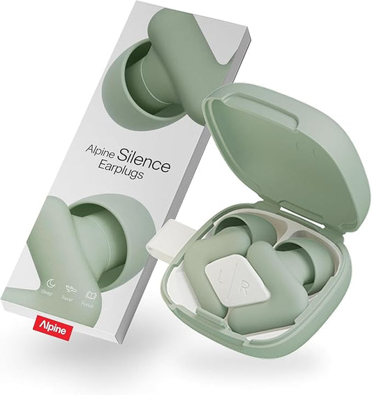 Alpine Silence Earplugs for Sleep, Focus & Travel - V-Shape Snug Fit & Soft Oval Tips – 4 Sizes XS/S/M/L - Comfortable, Reusable Hearing Protection - 22dB – Green