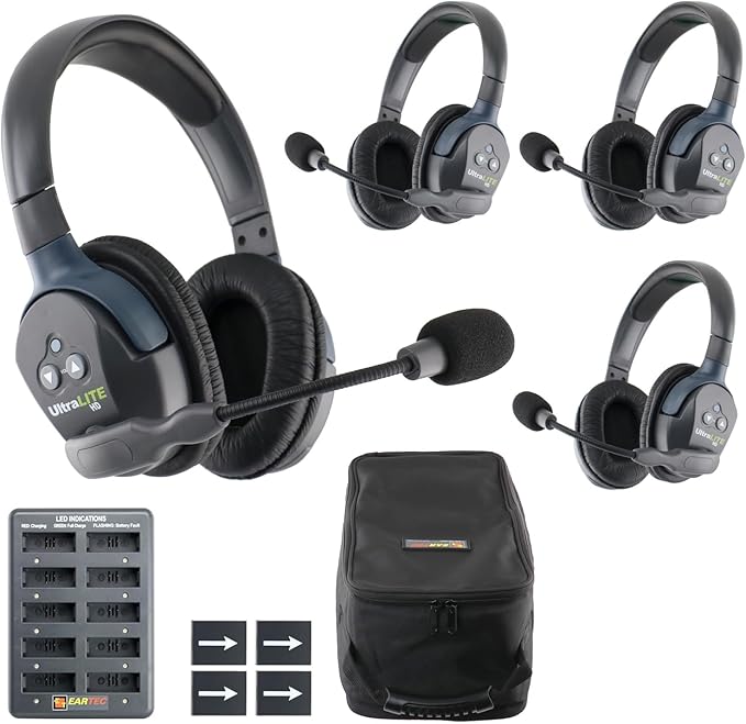 Eartec UL4D Ultralite-HD 4-Person Full Duplex Wireless Intercom Headset Communication System, Dual Ear Headsets, Up to 1000ft Range, U.S. Company