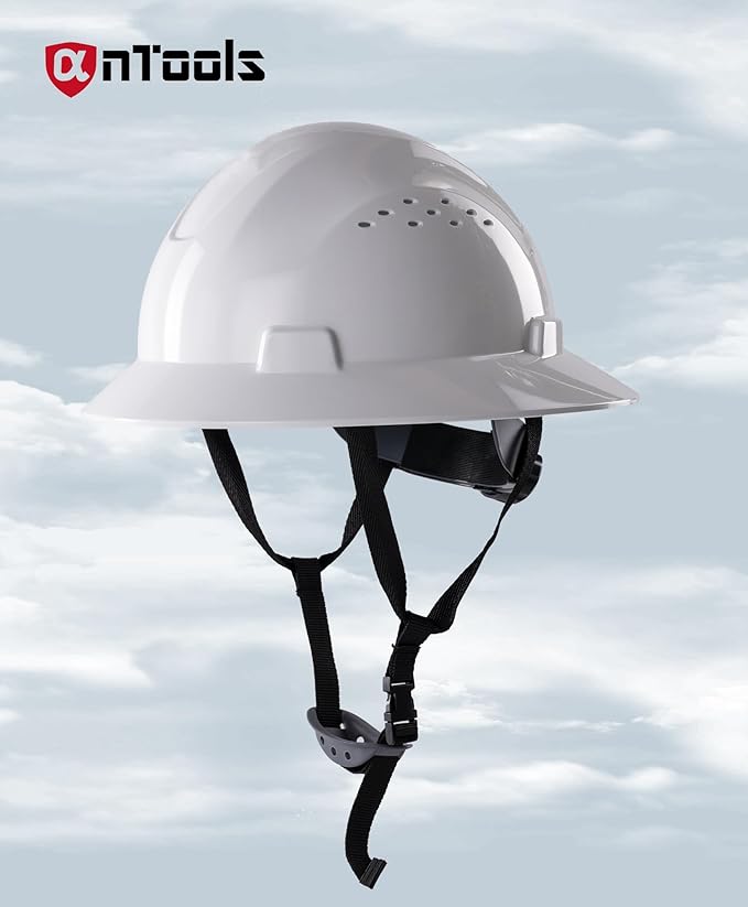 White Full Brim Hard Hat, OSHA Approved Construction Helmets for Men, 4-Point Adjustable Suspension, ANSI Z89.1