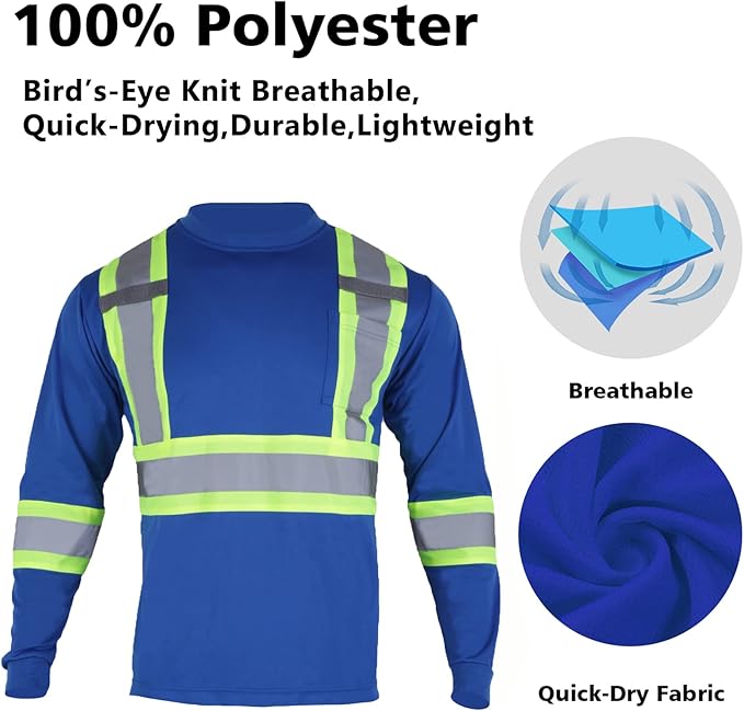 VENDACE Men's High Vis Safety Work T Shirt ANSI Class 2 Reflective Long Sleeve Shirt with Pocket(Royal Blue,M)