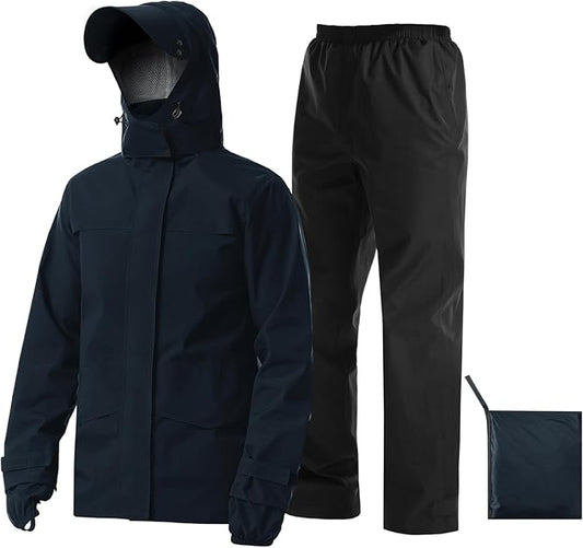 iCreek Rain Suit Waterproof Jacket with Pants 2 Pieces Breathable Lightweight Packable Raincoat with Hooded Rain Gear Unisex