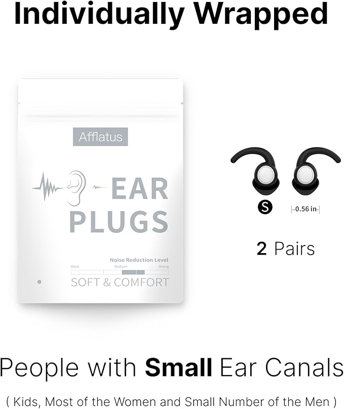 Afflatus Kids Ear Plugs for Sleeping and Small Ear Canls, Age 10-17, Comfort Earplugs for Small Ears, Sleep, Noise Reduction, Concerts, Reusable, Washable (Size S, Pairs*2)