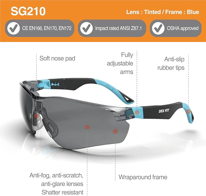 DEX FIT Safety Sunglasses SG210, Z87 Eye Protection, Anti-Fog & Scratch Resistant, Adjustable for Women and Men, UV Protection (Black & Blue Frame, Tinted Lens)