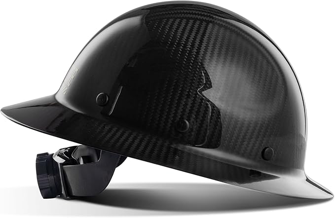 LANON Carbon Fiber Full Brim Hard Hat, OSHA Construction Work Approved, Classic Black Design, Lightweight Durable Safety Helmet with 6 Point Adjustable Ratchet Suspension, Class C