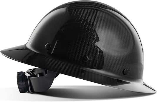 LANON Carbon Fiber Full Brim Hard Hat, OSHA Construction Work Approved, Classic Black Design, Lightweight Durable Safety Helmet with 6 Point Adjustable Ratchet Suspension, Class C