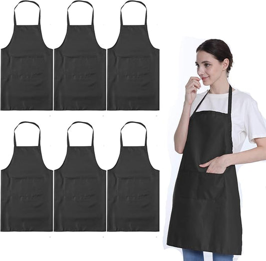 Total 6PCS Black Apron for Wowen Adult Unisex with 2 Pockets-Chef Cooking Baking Kitchen Restaurant Crafting Painting Party Aprons