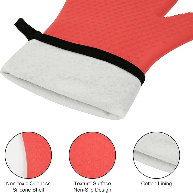 Heat Resistant Grilling Gloves for BBQ Silicone and Cotton Double-Layer Oven Mitts Waterproof Non-Slip Cooking Gloves (Red)