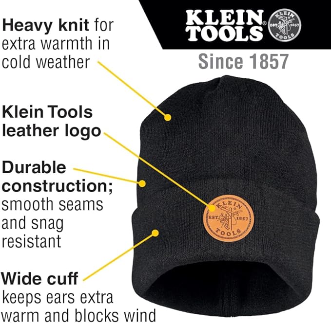 Klein Tools 60569 Heavy Knit Hat with Wide Cuff, Black, One Size Fits Most, Leather Logo