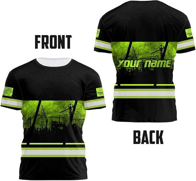 Matedecor Skull High Visibility Shirt Men Reflective Safety Shirts US Flag Custom Name Workwear, Runners, Walkers, Patriotic