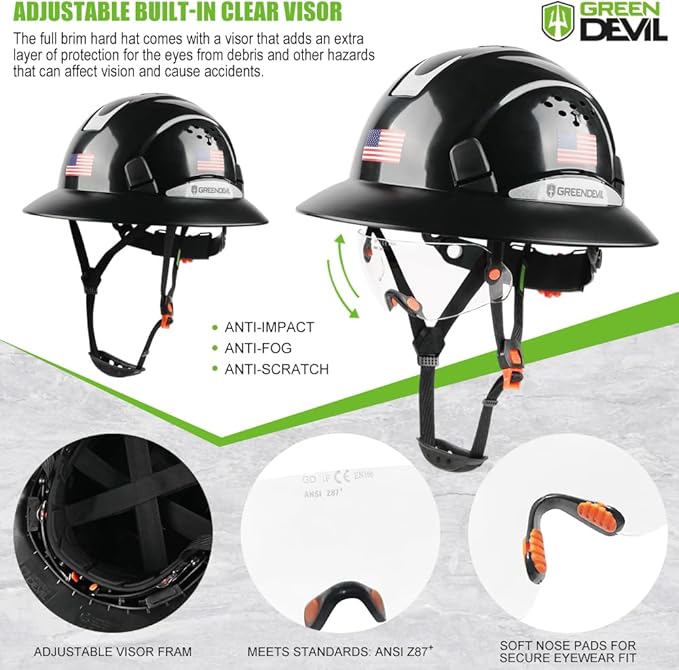 Full Brim Hard Hat Vented Construction Safety Helmet OSHA Approved Cascos De Construccion Work Hardhats with Cooling Towel for Men&Women 6 Point Adjustable Ratchet Suspension