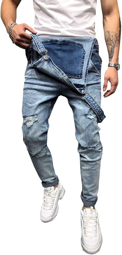 LONGBIDA Men's Denim Bib Overalls Fashion Slim Fit Jumpsuit with Pockets