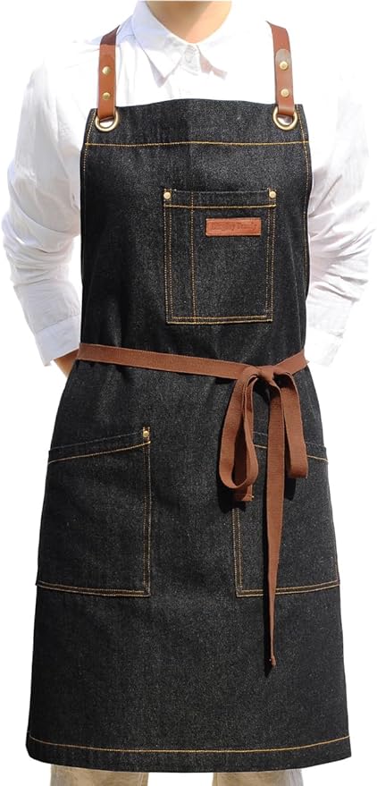 Black Denim Apron with Pockets for Women Men, for Chef Kitchen Cooking Hairstylist BBQ Grill Painting, Leather Cross Back Straps & Adjustable S to XXL