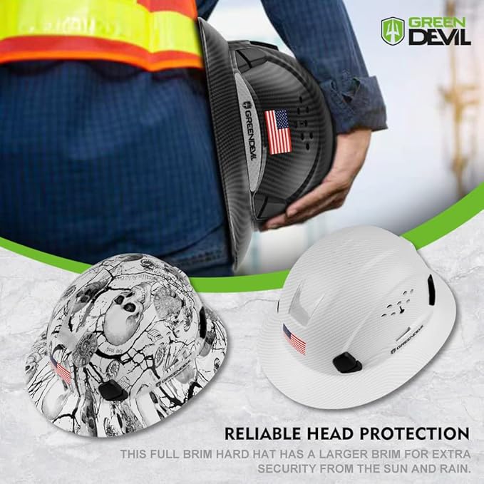 GREEN DEVIL Full Brim Hard Hat Vented Construction Safety Helmet OSHA Approved Cascos De Construccion ABS Work Hardhat for Men&Women 6 Point Adjustable Ratchet Suspension Custom Pattern Design