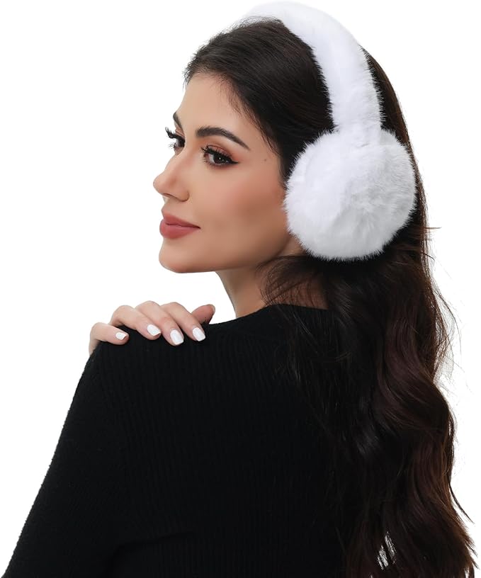 Winter Ear Muffs for Women Girls Faux Fur Cute White Earmuffs Fluffy Ear Warmers Foldable Ear Covers Outdoor
