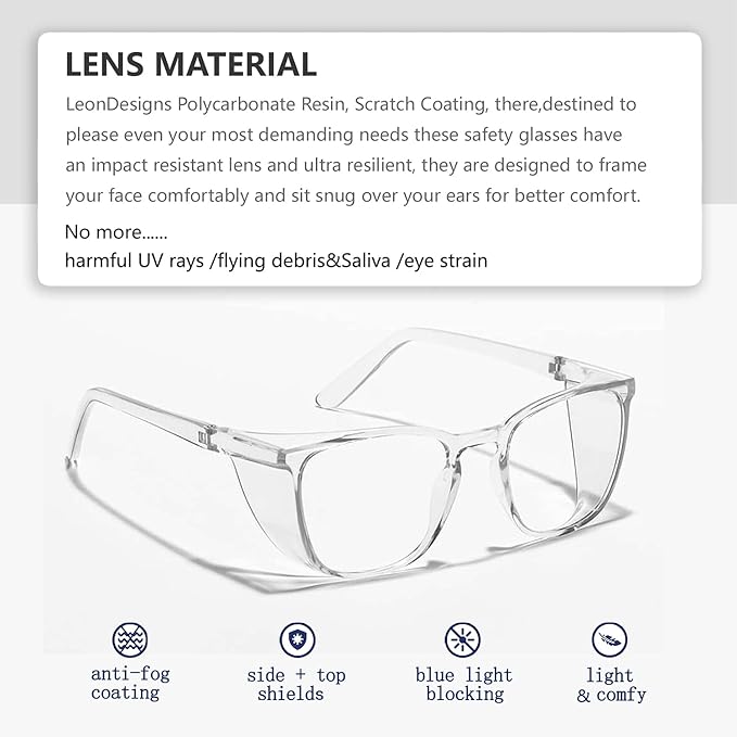 Anti-Fog Safety Glasses for Women | ASIN Z87.1 Safety Glasses for Men | Blue Light Blocking Safety Goggles (Square white)
