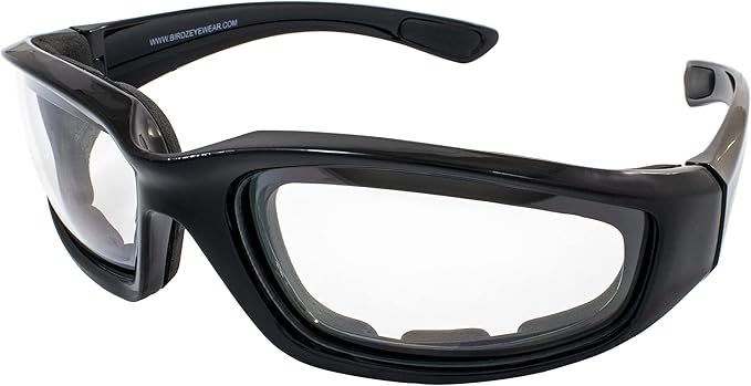 Birdz Eyewear Oriole Motorcycle Padded Glasses Black Frame with Clear Lens Anti Fog Foam Padding on the Entire Inside of the Glasses