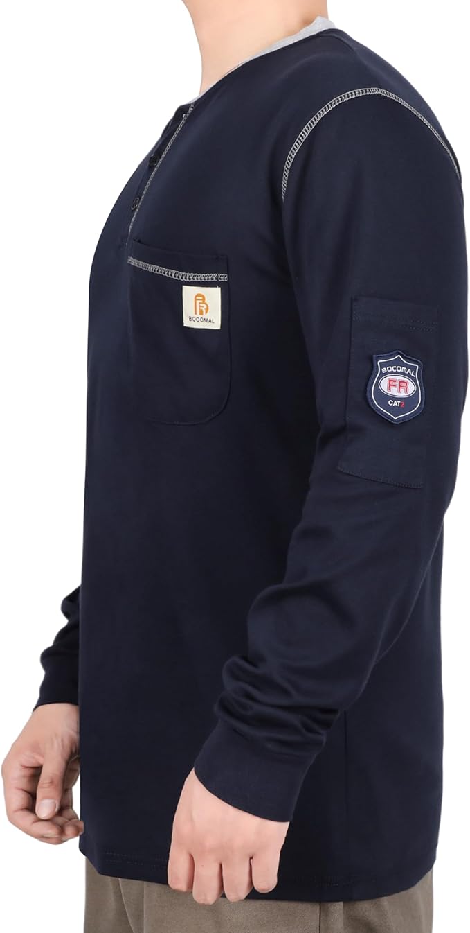 BOCOMAL FR Shirts for Men CAT2 5.5oz Long Sleeve Henley Workwear Flame Resistant Fire Retardant Shirt