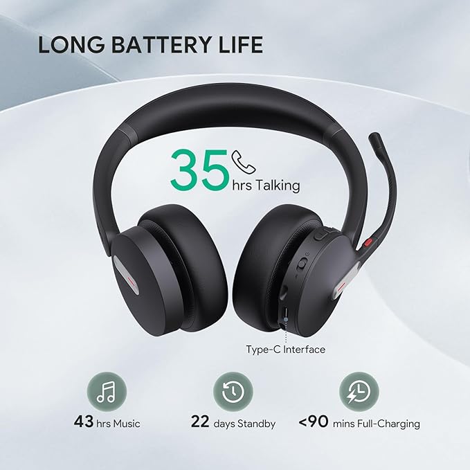 Yealink BH70 with Stand, Wireless Bluetooth Headset with Microphone for Work, Up to 35 Hours Talk Time, Teams Certified, ≤90 Minutes Quick Charging, USB-C/A Adapter, No Power Adapter Required