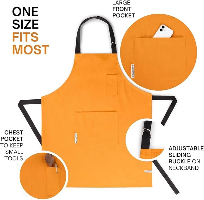 Cotton Canvas Apron for Women & Men – Adjustable Neck Strap & Waist Ties with Pockets – Kitchen, Cooking, Baking, Chef, BBQ, Grilling, Gardening – Durable 33x27 Inches – Orange with Black Straps