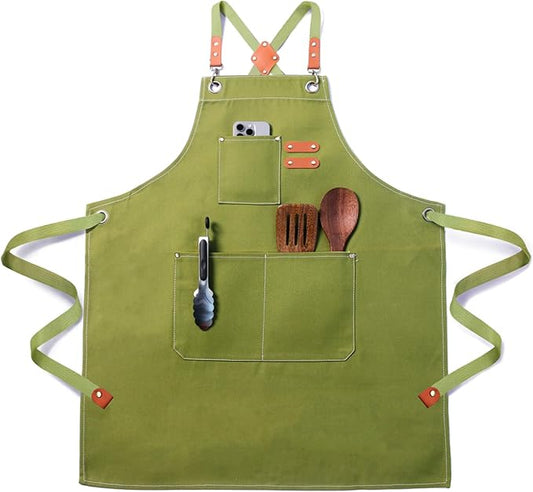 Chef Apron for Men Women with Pockets,Cross Back Cotton Canvas Plus Size Apron for Cooking BBQ Baking Gardening