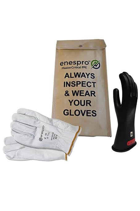 Class 0 Black Rubber Voltage Insulating Glove Kit with Leather Protectors, Max. Use Voltage 1,000V AC/ 1,500V DC, KITGC0B08