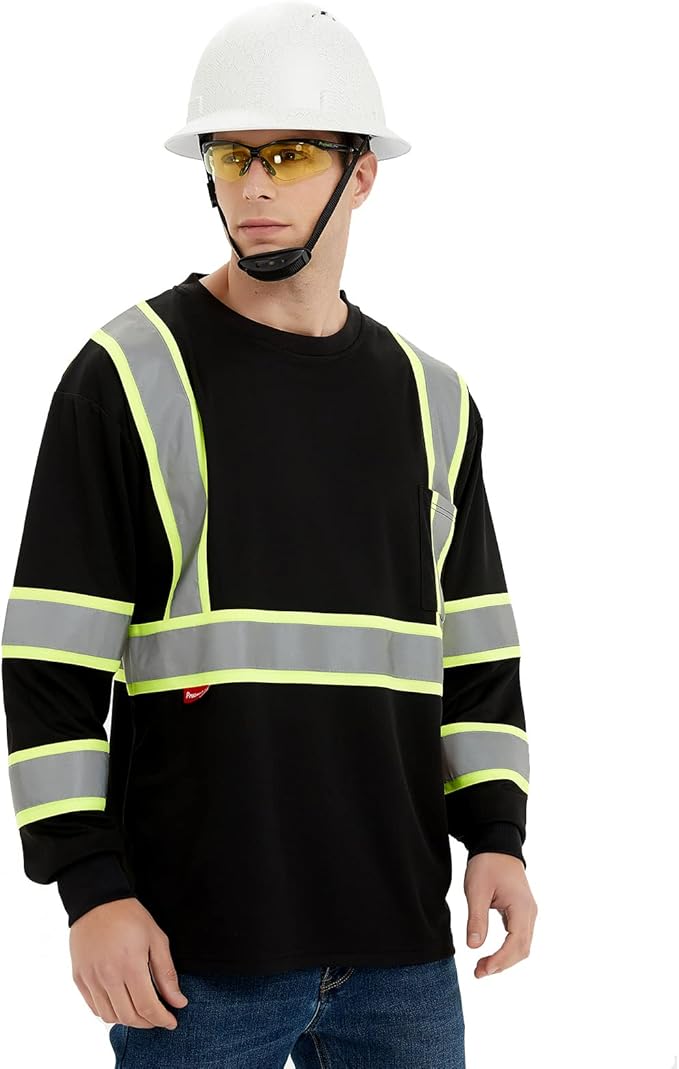 ProtectX Men's High Visibility Heavy Duty Long Sleeve Reflective Safety T-Shirts for Construction, Class 2-3 Type R