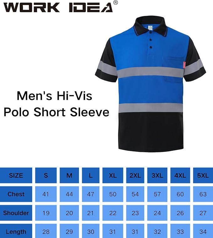 WORK IDEA Polo Shirt for Men High Visibility Reflective Work Shirt with Pockets for Construction