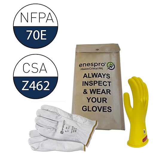 Class 0 Yellow Rubber Voltage Insulating Glove Kit with Leather Protectors, Max. Use Voltage 1,000V AC/ 1,500V DC, KITGC0Y11