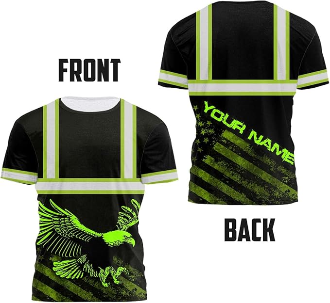 Matedecor Skull High Visibility Shirt Men Reflective Safety Shirts US Flag Custom Name Workwear, Runners, Walkers, Patriotic