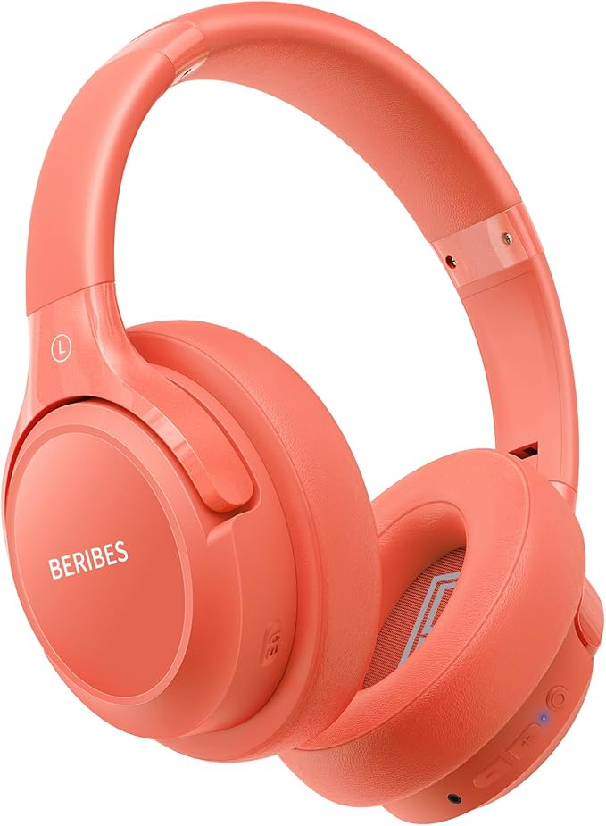 BERIBES Bluetooth Headphones Over Ear, 65H Playtime and 6 EQ Music Modes Wireless Headphones with Microphone, HiFi Stereo Foldable Lightweight Headset (Orange red)