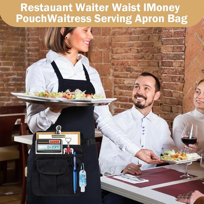 Professional Cleaning Apron with 5 Pockets and Adjustable Waist Belt, Bartender, Chef, Waiter - Women & Men, Restaurants, Cafes, Bars, Black