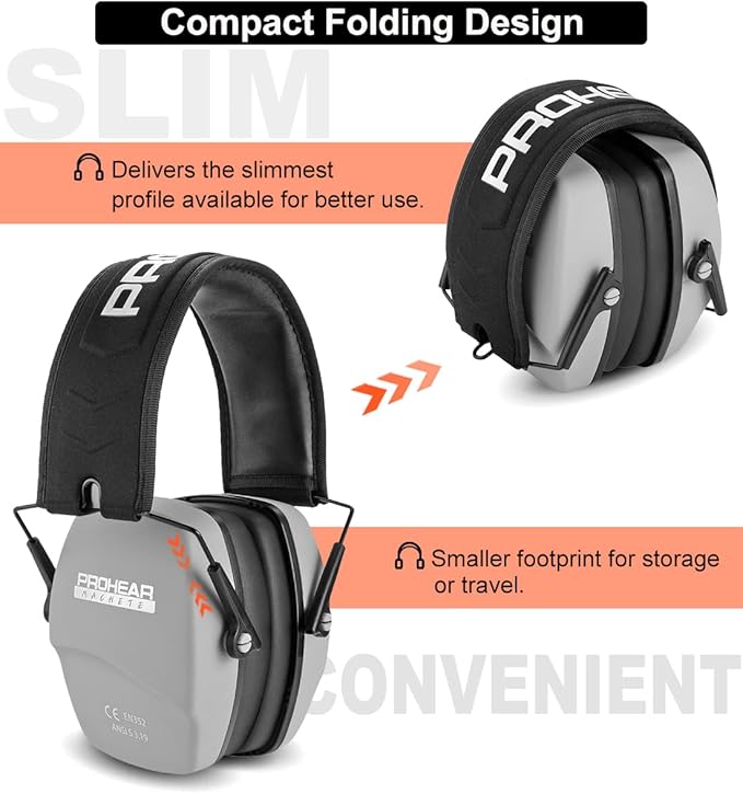 PROHEAR 016 Ear Protection Safety Earmuffs for Shooting, NRR 26dB Noise Reduction Slim Passive Hearing Protector with Low-Profile Earcups, Compact Foldable Ear Defenders for Gun Range, Hunting,Grey