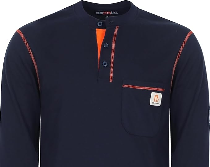 BOCOMAL FR Shirts Flame Resistant Henley Shirt NFPA2112/CAT2 7oz Men's Long Sleeve Fire Retardant Clothing