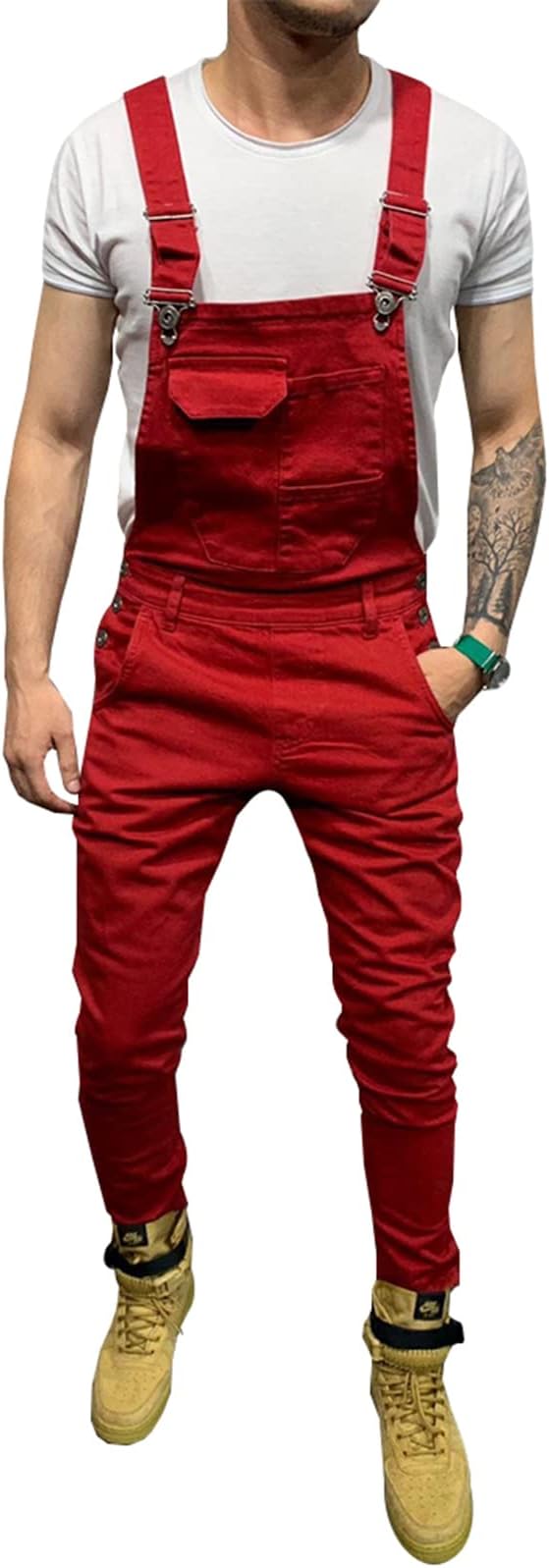 LONGBIDA Men's Denim Bib Overalls Fashion Slim Fit Jumpsuit with Pockets