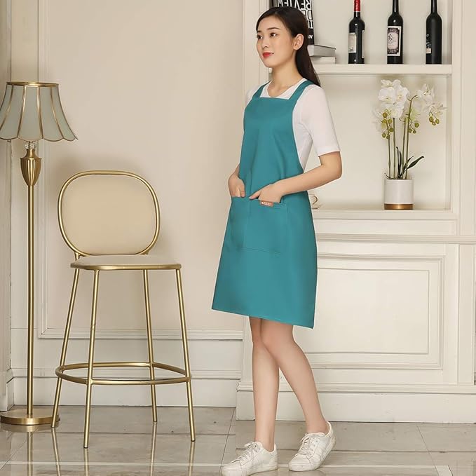 NEWGEM Adjustable Cross Back Bib Aprons with 2 Pockets Cotton for Women,Butcher,Hairstylist Fits for Grill,bbq,Paint Light Green
