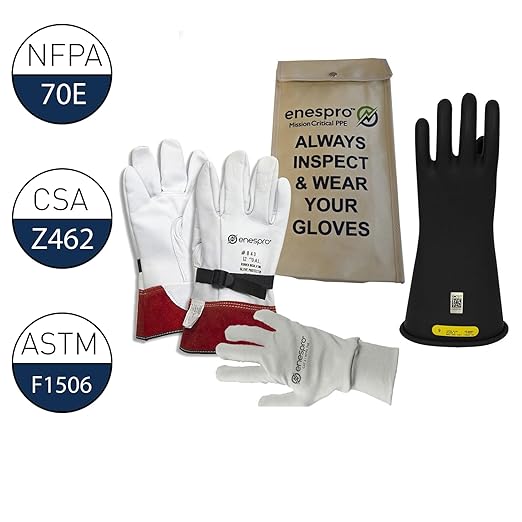 Class 2 Black Rubber Voltage Insulating Glove Premium Kit with FR Knit Glove and Leather Protectors, Max. Use Voltage 17,000V AC/ 25,500V DC (KITGC210AG)