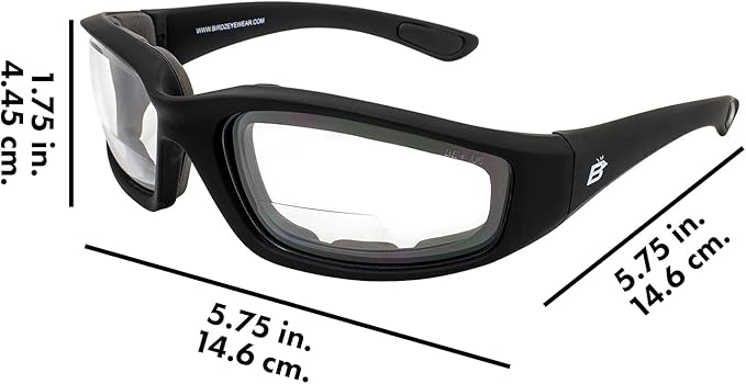 Birdz Eyewear Oriole Padded Safety Bifocal Motorcycle Glasses Black Frame Clear Lenses 2.5 Magnification Carry Bag