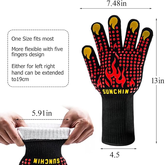 BBQ Fireproof Gloves, Grill Cut-Resistant 1472°F Heat Resistant Gloves, Non-Slip Silicone Oven Gloves, Kitchen Safe Cooking Gloves for Oven Mitts,Barbecue,Cooking, Frying,13 Inch 2pc