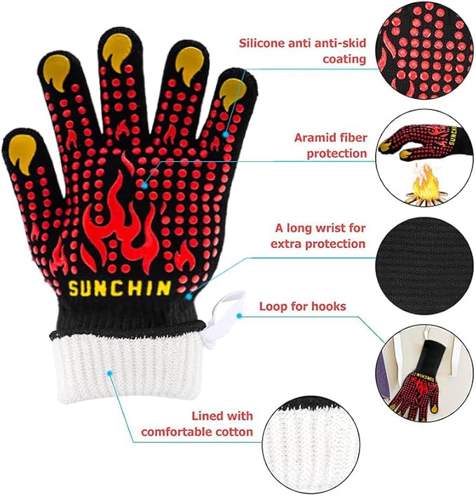 BBQ Fireproof Gloves, Grill Cut-Resistant 1472°F Heat Resistant Gloves, Non-Slip Silicone Oven Gloves, Kitchen Safe Cooking Gloves for Oven Mitts,Barbecue,Cooking, Frying,13 Inch 2pc