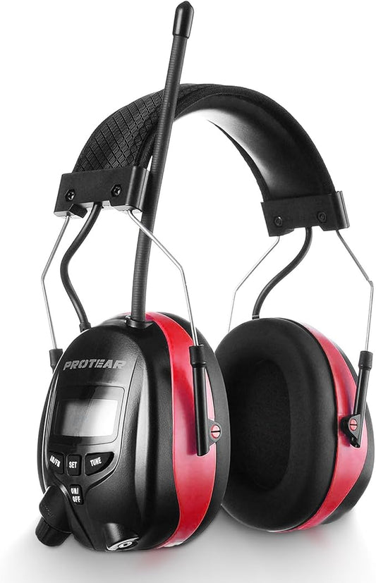 AM/FM Radio Headphones 25dB NRR,Noise Reduction Safety Earmuffs,Digital Display Headset,Powered by AA Battery,Hearing Protection for Walkman Mowing Lawn Work(Red)
