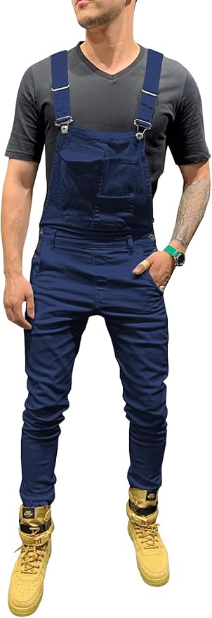 LONGBIDA Men's Denim Bib Overalls Fashion Slim Fit Jumpsuit with Pockets