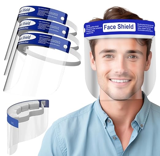 100 Pack Face Shields | Clear Plastic Face Shield for Women, Men & Kids, Anti-Fog, Lightweight Reusable Full Face Shield Mask, Safety Visor Cover with Comfortable Sponge & Elastic Band