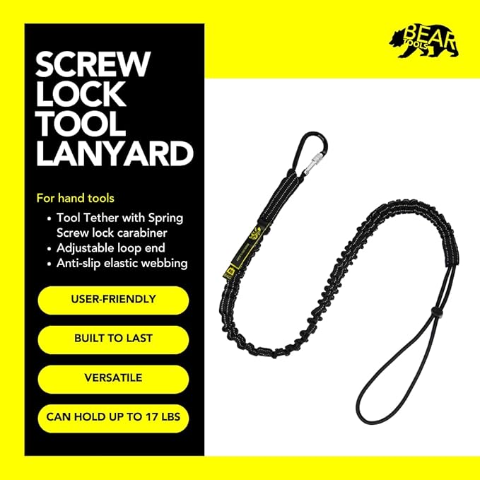 BearTOOLS Tool Lanyard with Single Carabiner and Adjustable Loop End, Standard Length, Maximum Weight Limit 8KG / 17.6lb, Aluminum Screw Lock Carabiner with Shock Cord Stopper, 0925S (5 Pack)