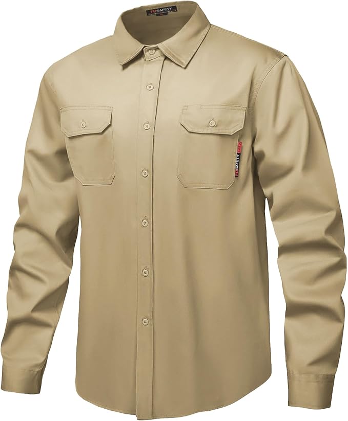 FR Shirt 7oz Fire Resistant Shirts Men's,CAT2 Welding Shirt 100% Cotton Flame Resistant Shirts Khaki (Medium)