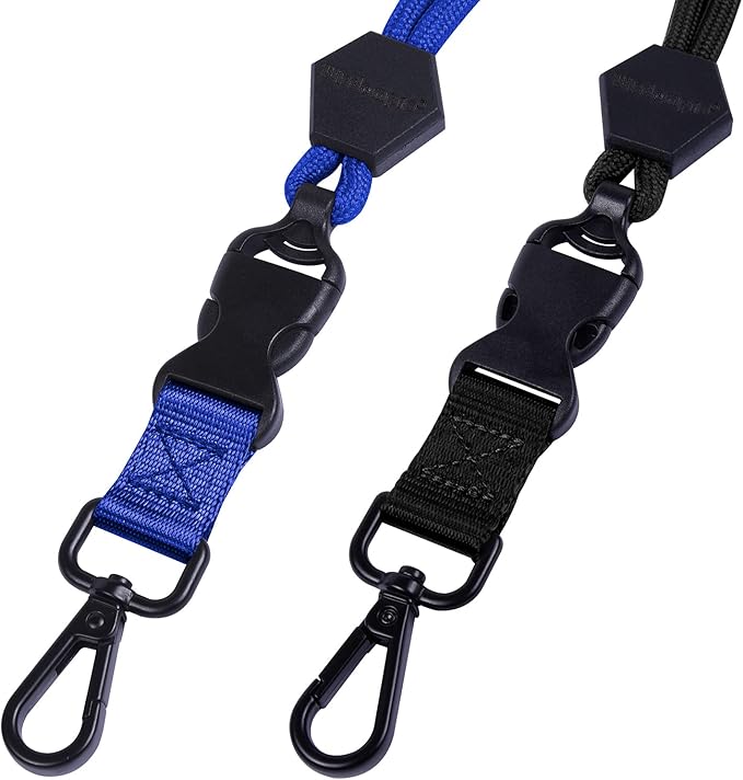 Wisdompro 2 Pack of 23 inch Durable Round Cord Heavy Duty Lanyard with Safety Breakaway Buckle, Detachable Buckle and Metal Hook for ID Card Badge Holder and Keys - Black and Blue