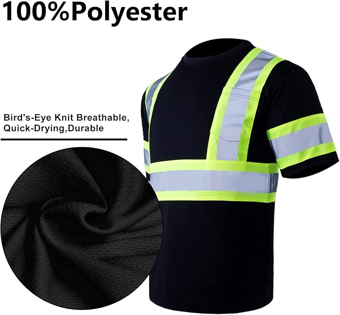 VENDACE Men's High Vis Class 2 Safety T Shirt ANSI Reflective Work Short Sleeve Shirt with Black Bottom(Black,4XL)
