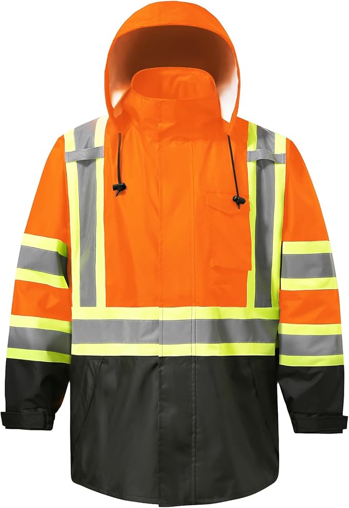 Reflective Rain jackets for men waterproof,Hi Vis Safety Coat With Reflective Strips，High Visibility Class 3 Rain jackets With 2 large pockets，Zipper,Orange,2XL/3XL