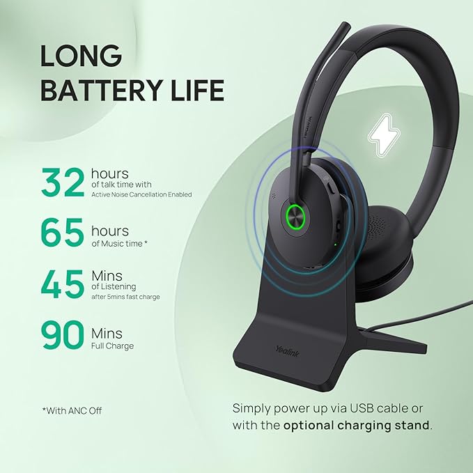 Yealink BH74 ANC Wireless Bluetooth Headset with Mic for Work, 6-mics Hybrid ANC Tech, Microsoft Teams Premium Open Ofﬁce Certified Headsets, up to 32h Talking Battery Life, Zoom Certified