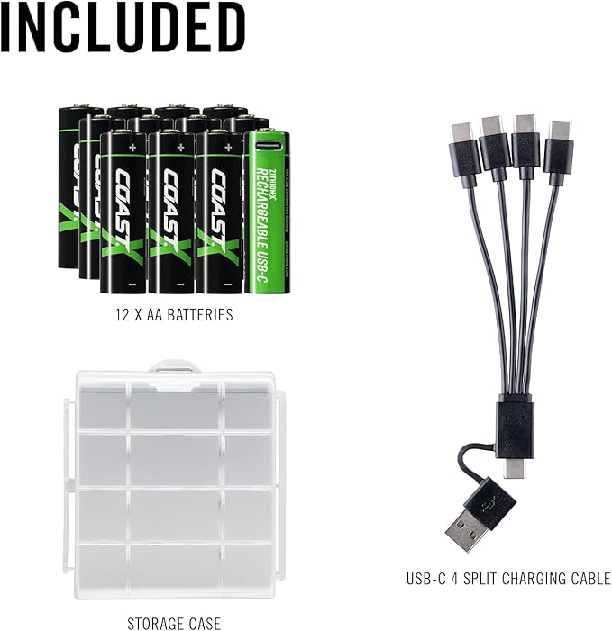 Coast AA USB-C Rechargeable Batteries, ZITHION-X, Lithium Ion 1.5v 2400 mAh, Long Lasting, Charges Under 2.5 Hours, Charging Cable Included, 12-Battery Pack