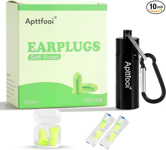Soft Foam Earplugs,34dB Highest NRR, Individually Wrapped,Reusable,10 Pair for Sleeping, Snoring, Loud Noise, Traveling, Concerts, Studying,Work,Construction, Shooting